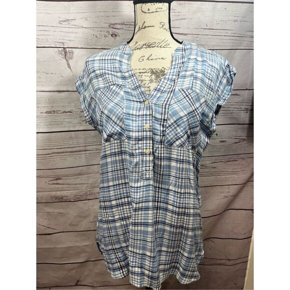 GAP Womens Blue Plaid Short Sleeve Button Up Top Tunic Shirt - Picture 1 of 4